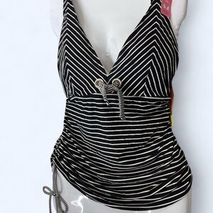 white & black striped tankini top w adjust straps Maidenform Beach approx 36D
